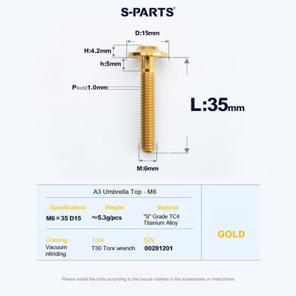 SPARTS A3 Series M6 Titanium Button Head Bolt D15 Grade TC4 | Motorcycle &Bike Upgrade Screw