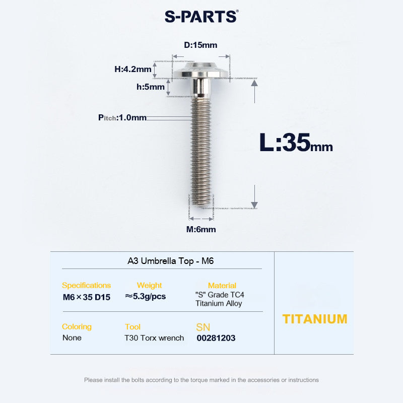 SPARTS A3 Series M6 Titanium Button Head Bolt D15 Grade TC4 | Motorcycle &Bike Upgrade Screw