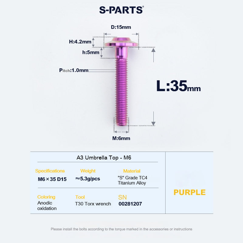 SPARTS A3 Series M6 Titanium Button Head Bolt D15 Grade TC4 | Motorcycle &Bike Upgrade Screw
