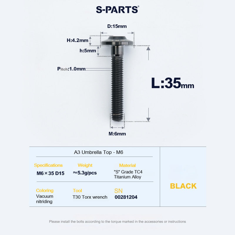 SPARTS A3 Series M6 Titanium Button Head Bolt D15 Grade TC4 | Motorcycle &Bike Upgrade Screw