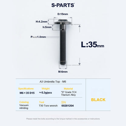 SPARTS A3 Series M6 Titanium Button Head Bolt D15 Grade TC4 | Motorcycle &Bike Upgrade Screw