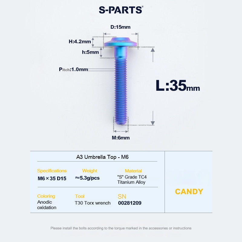 SPARTS A3 Series M6 Titanium Button Head Bolt D15 Grade TC4 | Motorcycle &Bike Upgrade Screw
