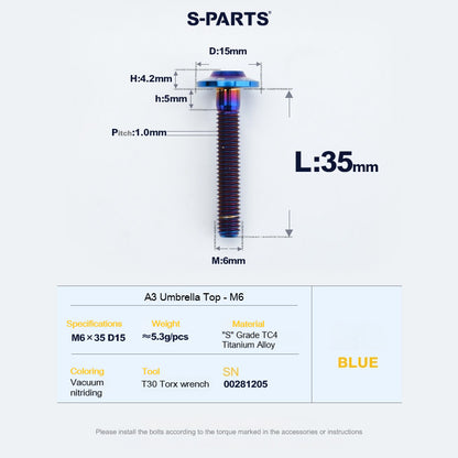 SPARTS A3 Series M6 Titanium Button Head Bolt D15 Grade TC4 | Motorcycle &Bike Upgrade Screw