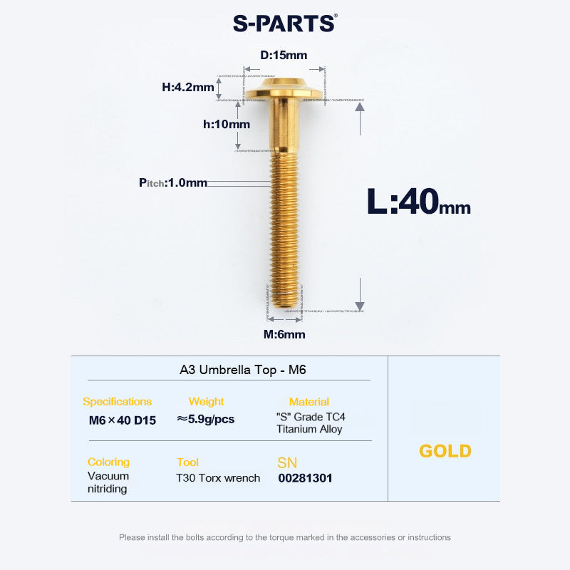 SPARTS A3 Series M6 Titanium Button Head Bolt D15 Grade TC4 | Motorcycle &Bike Upgrade Screw