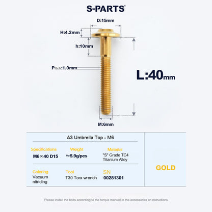 SPARTS A3 Series M6 Titanium Button Head Bolt D15 Grade TC4 | Motorcycle &Bike Upgrade Screw