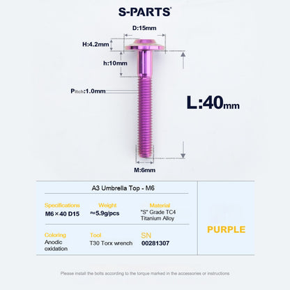SPARTS A3 Series M6 Titanium Button Head Bolt D15 Grade TC4 | Motorcycle &Bike Upgrade Screw