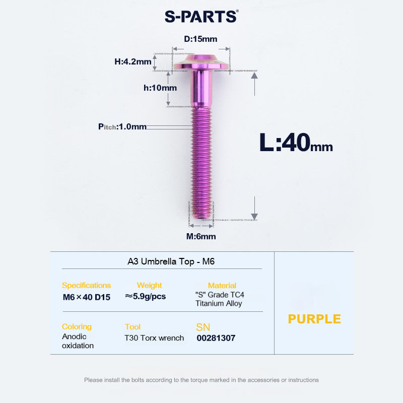 SPARTS A3 Series M6 Titanium Button Head Bolt D15 Grade TC4 | Motorcycle &Bike Upgrade Screw