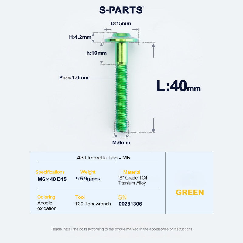 SPARTS A3 Series M6 Titanium Button Head Bolt D15 Grade TC4 | Motorcycle &Bike Upgrade Screw