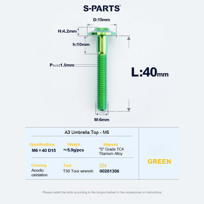 SPARTS A3 Series M6 Titanium Button Head Bolt D15 Grade TC4 | Motorcycle &Bike Upgrade Screw