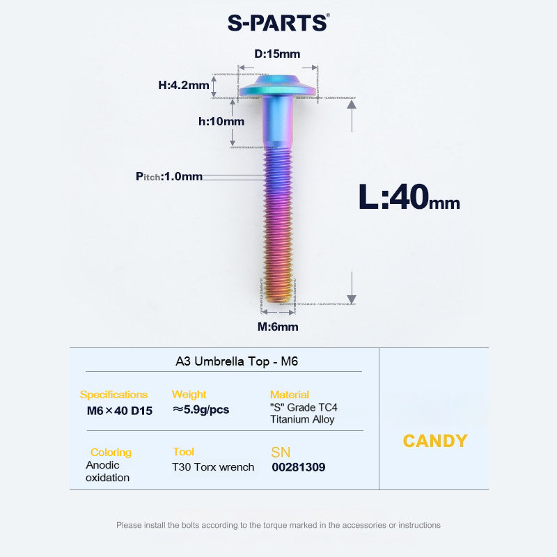 SPARTS A3 Series M6 Titanium Button Head Bolt D15 Grade TC4 | Motorcycle &Bike Upgrade Screw