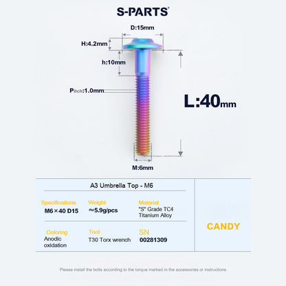 SPARTS A3 Series M6 Titanium Button Head Bolt D15 Grade TC4 | Motorcycle &Bike Upgrade Screw