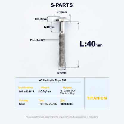SPARTS A3 Series M6 Titanium Button Head Bolt D15 Grade TC4 | Motorcycle &Bike Upgrade Screw