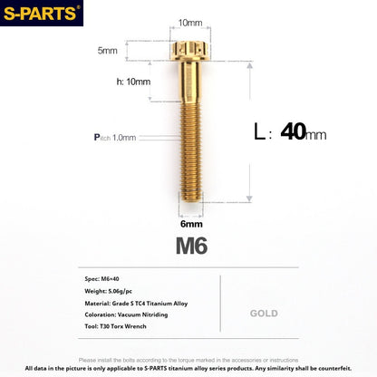 S-PARTS STAN M6 A3 Series TC4 Titanium Bolts – Standard Head Fasteners for Motorcycle & E-Motorcycle Upgrades
