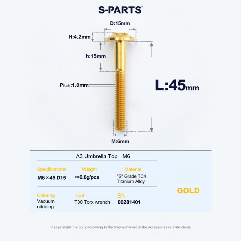 SPARTS A3 Series M6 Titanium Button Head Bolt D15 Grade TC4 | Motorcycle &Bike Upgrade Screw