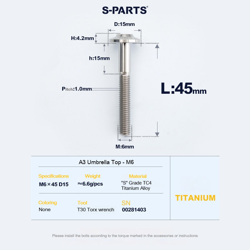 SPARTS A3 Series M6 Titanium Button Head Bolt D15 Grade TC4 | Motorcycle &Bike Upgrade Screw