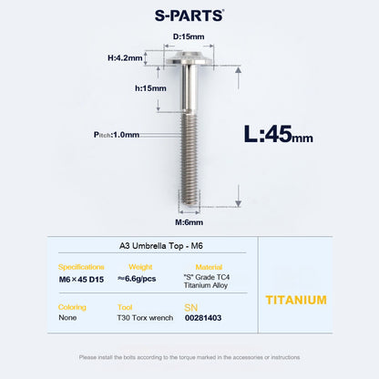 SPARTS A3 Series M6 Titanium Button Head Bolt D15 Grade TC4 | Motorcycle &Bike Upgrade Screw