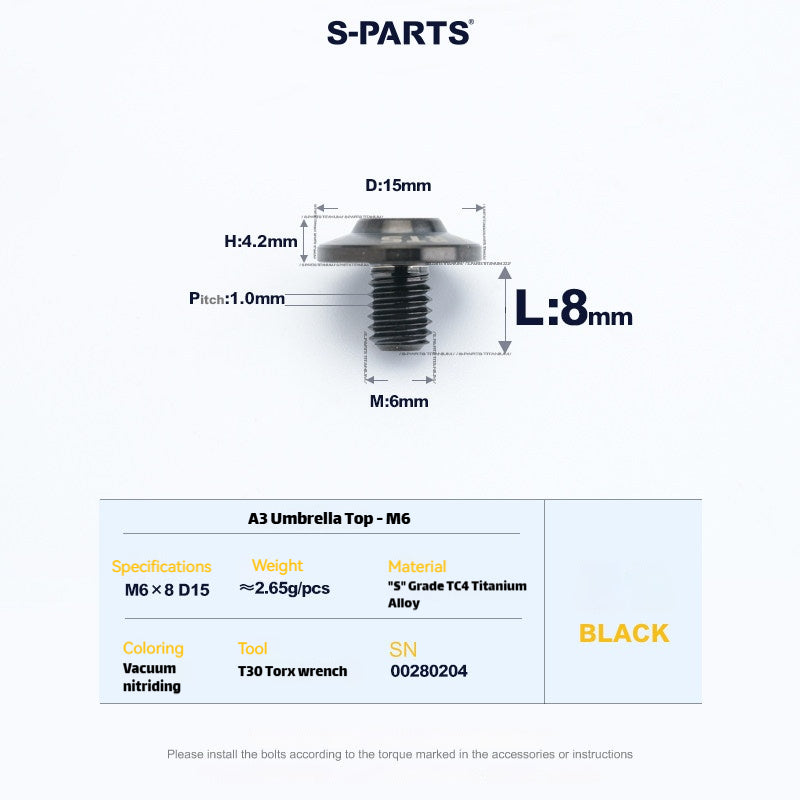 SPARTS A3 Series M6 Titanium Button Head Bolt D15 Grade TC4 | Motorcycle &Bike Upgrade Screw