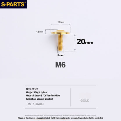 SPARTS Ducati Titanium Seat Bolt M6×20 | TC4 Grade 5 | Motorcycle Upgrade