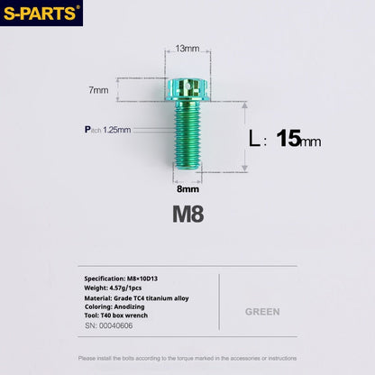 SPARTS A3 Series Green Titanium Screws M8 L10–120mm for Motorcycle Bicycle Car