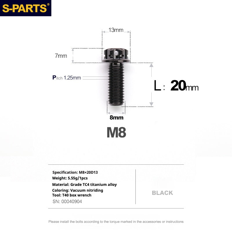 S-PARTS A3 Series M8 Black Titanium Bolts | Motorcycle and Auto Lightweight Modification Obsidian Black L10-120mm