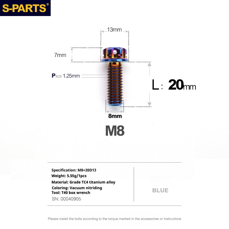 S-PARTS A3 Series M8 Blue Titanium Bolts | Motorcycle and Auto Lightweight Modification Aurora Blue L10-120mm