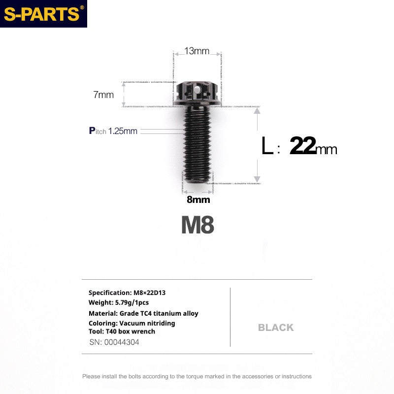 S-PARTS A3 Series M8 Black Titanium Bolts | Motorcycle and Auto Lightweight Modification Obsidian Black L10-120mm