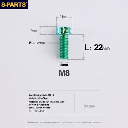 SPARTS A3 Series Green Titanium Screws M8 L10–120mm for Motorcycle Bicycle Car