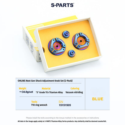 S-PARTS Next-Gen Titanium Suspension Adjuster Knobs for Öhlins Shocks (3-Piece / 6-Piece Kit)