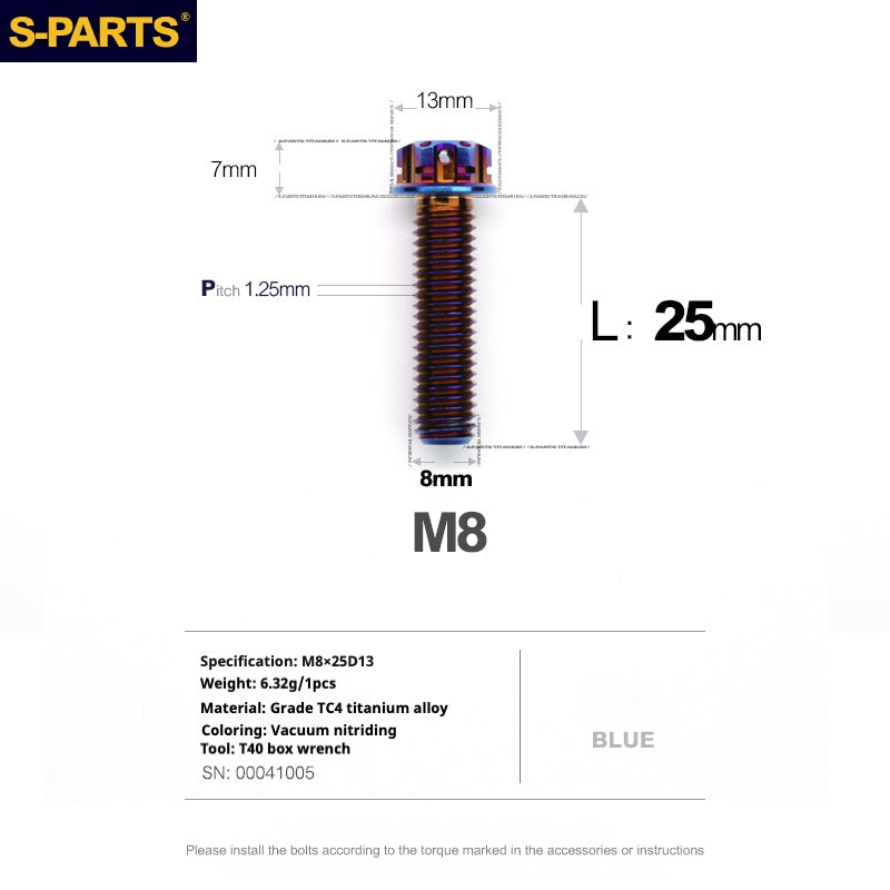 S-PARTS A3 Series M8 Blue Titanium Bolts | Motorcycle and Auto Lightweight Modification Aurora Blue L10-120mm