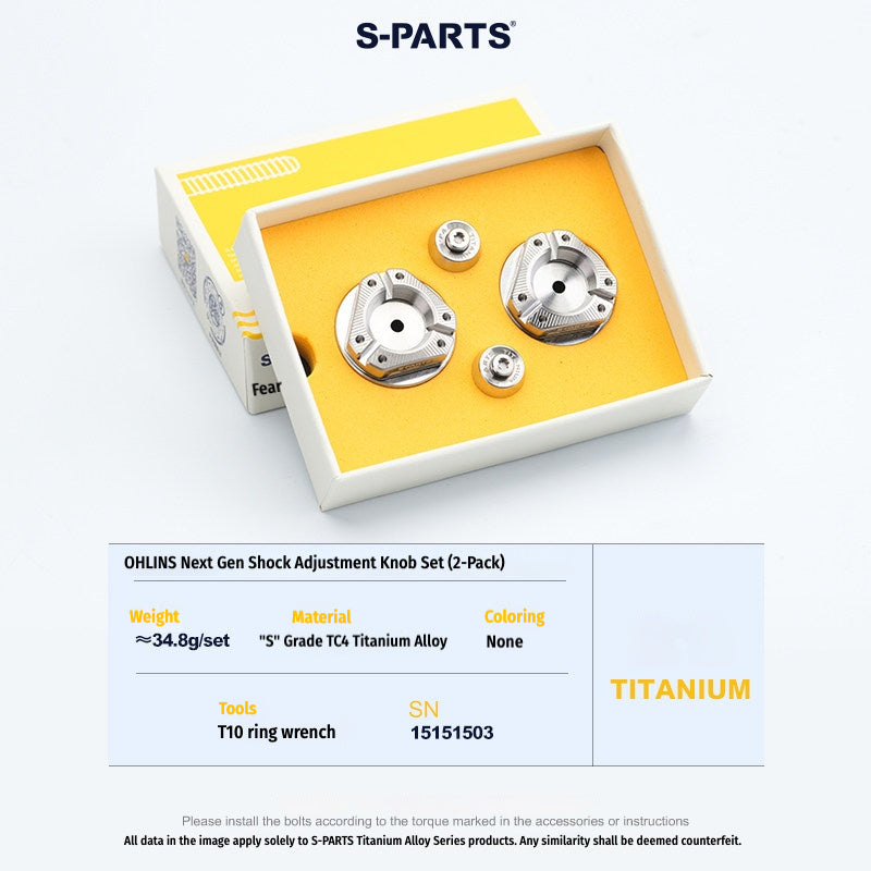 S-PARTS Next-Gen Titanium Suspension Adjuster Knobs for Öhlins Shocks (3-Piece / 6-Piece Kit)