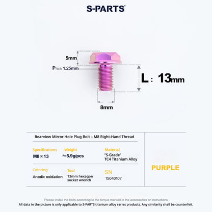 S-PARTS TC4 Titanium Mirror Plug Bolt M8 M10 RH/LH for Motorcycle
