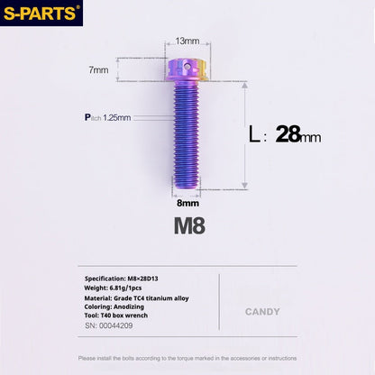 SPARTS A3 Series Candy Color Titanium Screws M8 L10–120mm for Motorcycle Bicycle Car Modification