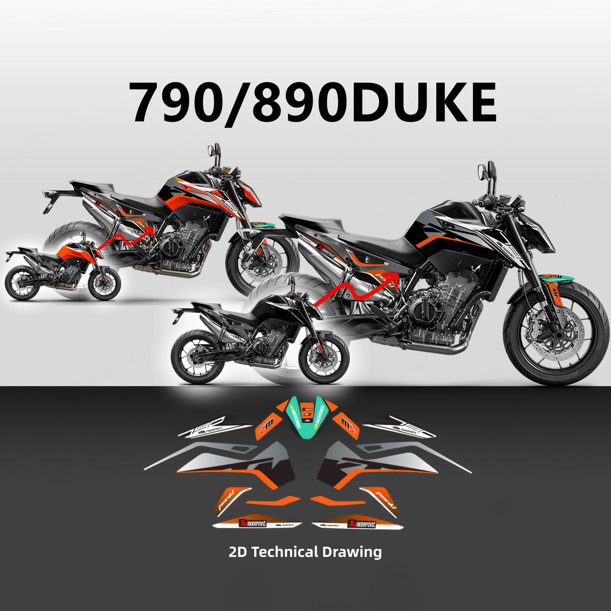 Factory Style Decal Sticker Kit for KTM DUKE 790 / 890 (2018-2022) - Gloss PVC Graphics Set