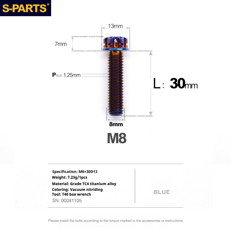 S-PARTS A3 Series M8 Blue Titanium Bolts | Motorcycle and Auto Lightweight Modification Aurora Blue L10-120mm