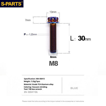 S-PARTS A3 Series M8 Blue Titanium Bolts | Motorcycle and Auto Lightweight Modification Aurora Blue L10-120mm