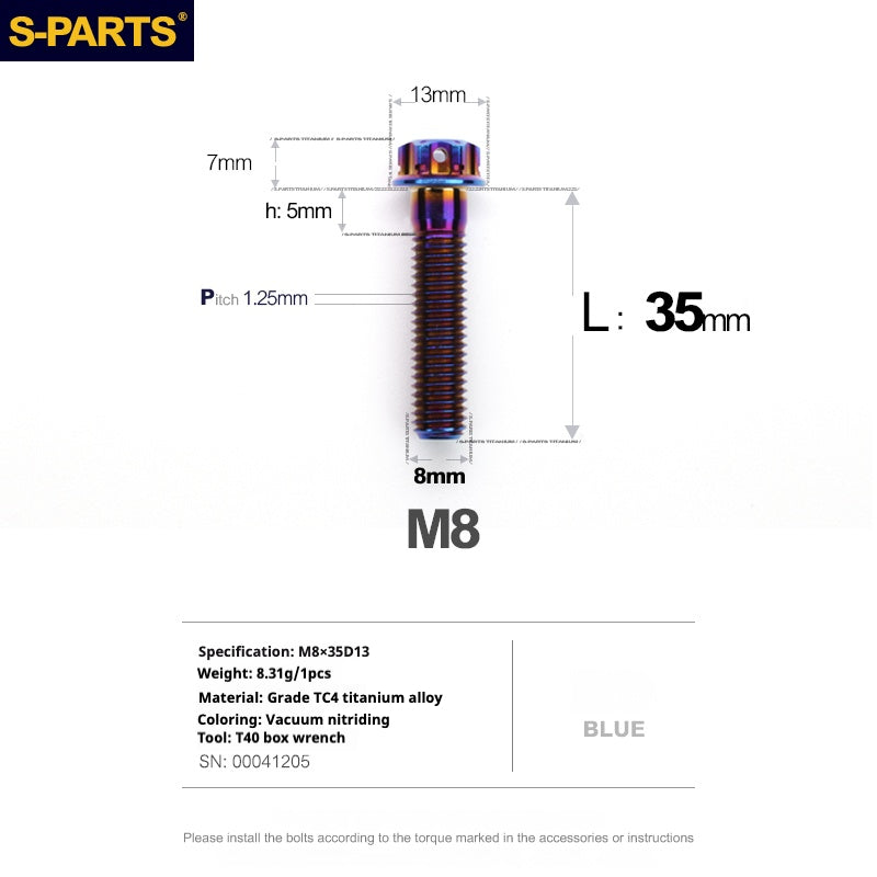 S-PARTS A3 Series M8 Blue Titanium Bolts | Motorcycle and Auto Lightweight Modification Aurora Blue L10-120mm