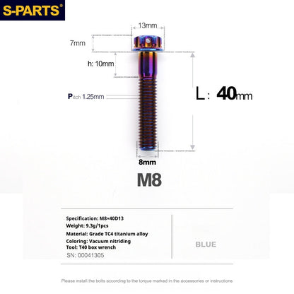 S-PARTS A3 Series M8 Blue Titanium Bolts | Motorcycle and Auto Lightweight Modification Aurora Blue L10-120mm
