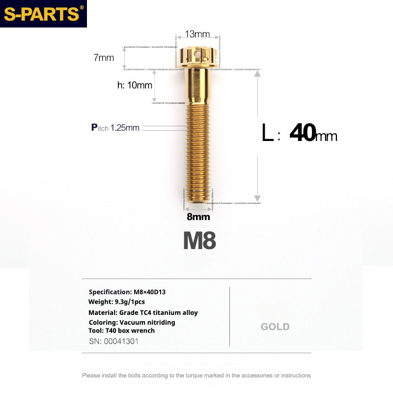 SPARTS A3 Series Golden Titanium Screws M8 L10–120mm for Motorcycle, Bicycle & Car