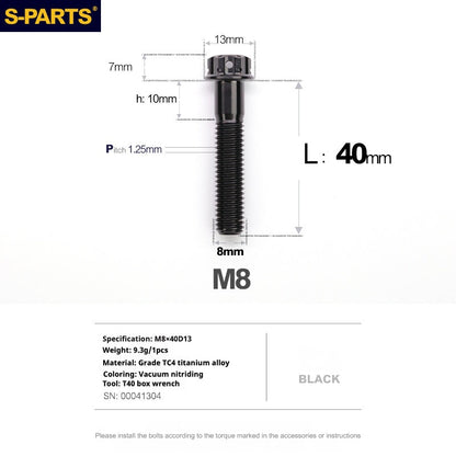 S-PARTS A3 Series M8 Black Titanium Bolts | Motorcycle and Auto Lightweight Modification Obsidian Black L10-120mm