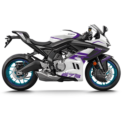 CFMOTO 675SR Violet Graphic Decal Kit Motorcycle Body & Rim Stickers — White Motorcycle