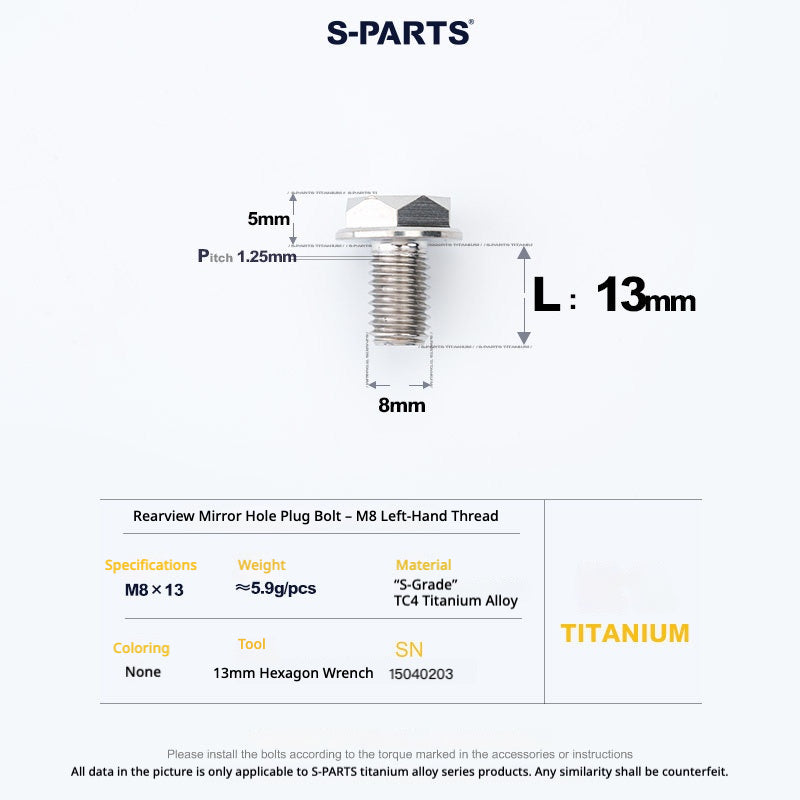 S-PARTS TC4 Titanium Mirror Plug Bolt M8 M10 RH/LH for Motorcycle