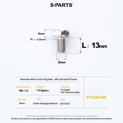 S-PARTS TC4 Titanium Mirror Plug Bolt M8 M10 RH/LH for Motorcycle