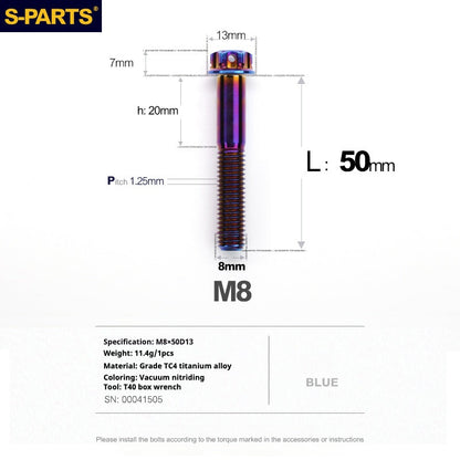 S-PARTS A3 Series M8 Blue Titanium Bolts | Motorcycle and Auto Lightweight Modification Aurora Blue L10-120mm