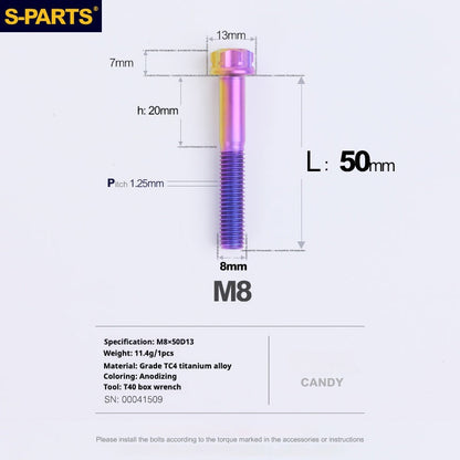SPARTS A3 Series Candy Color Titanium Screws M8 L10–120mm for Motorcycle Bicycle Car Modification