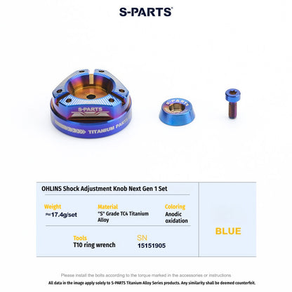 S-PARTS Next-Gen Titanium Suspension Adjuster Knobs for Öhlins Shocks (3-Piece / 6-Piece Kit)