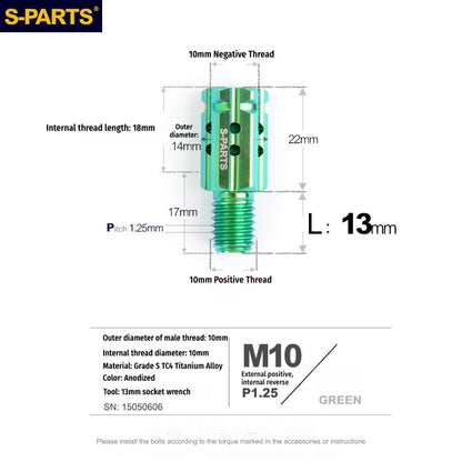 S-PARTS M10 to M10 Titanium Forward & Reverse Thread Motorcycle Mirror Adapter Bolt Upgrade