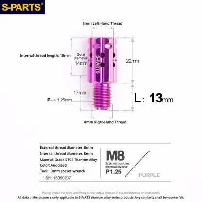 S-PARTS TC4 Titanium M8 to M8 Mirror Adapter Bolt | RH & LH Thread for Motorcycle / E-Bike