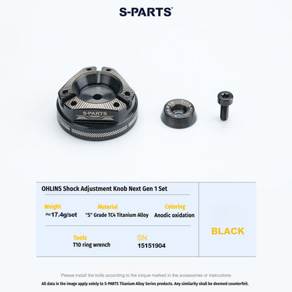 S-PARTS Next-Gen Titanium Suspension Adjuster Knobs for Öhlins Shocks (3-Piece / 6-Piece Kit)