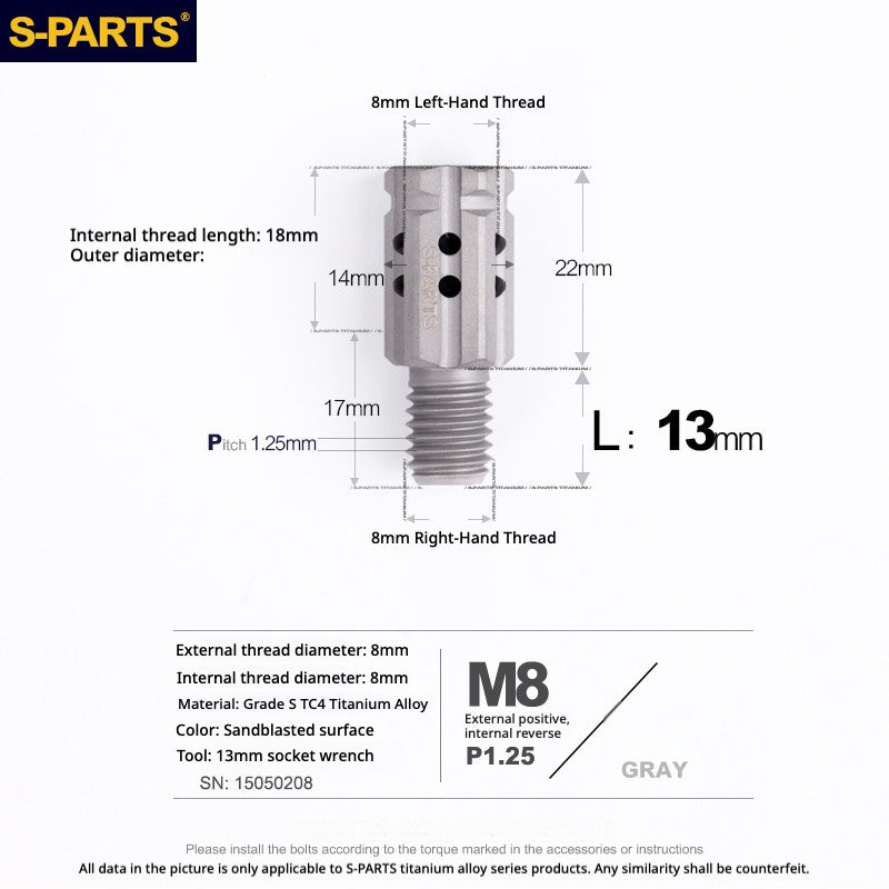 S-PARTS TC4 Titanium M8 to M8 Mirror Adapter Bolt | RH & LH Thread for Motorcycle / E-Bike
