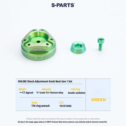 S-PARTS Next-Gen Titanium Suspension Adjuster Knobs for Öhlins Shocks (3-Piece / 6-Piece Kit)
